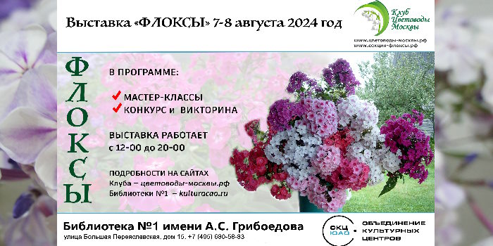 Выставка флоксов пройдет 7-8 августа 2024 в Библиотеке №1 имени А.С. Грибоедова